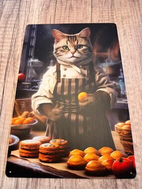 Baker Kitty Metal Sign Cute Cat Chef Cat Metal Home Decor NEW! FAST SHIP